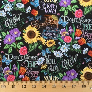 Sunflower Floral Fabric Inspirational Positive Affirmations Chalkboard Floral Wildflower Butterfly Daisy Garden Cotton Fabric t1/14