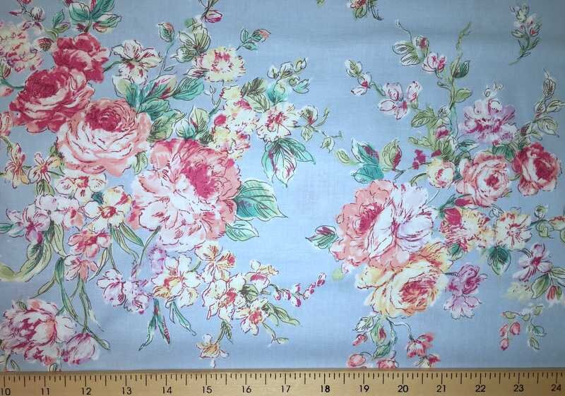 Shabby Chic Pink Roses Blue Fabric English Rose Cottage Floral | Etsy