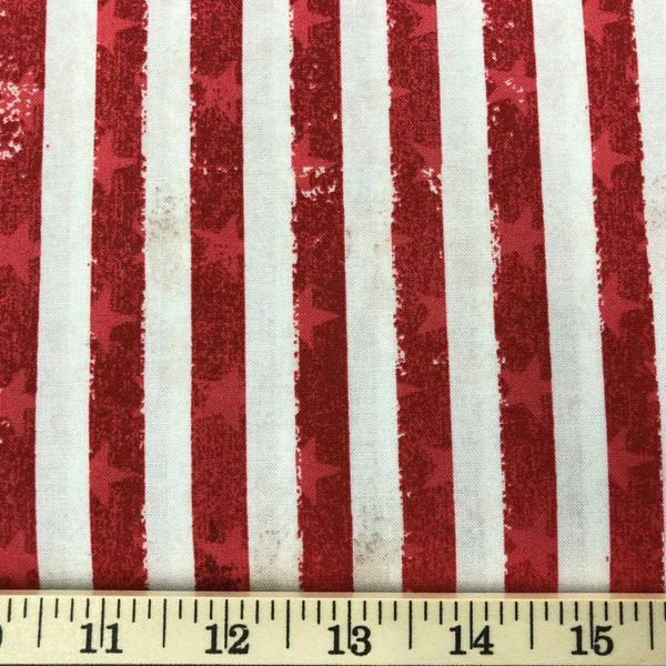 Red and Off White Stripe Fabric Red Striped Flag Tonal Star Cotton Calico Fabric w6/15