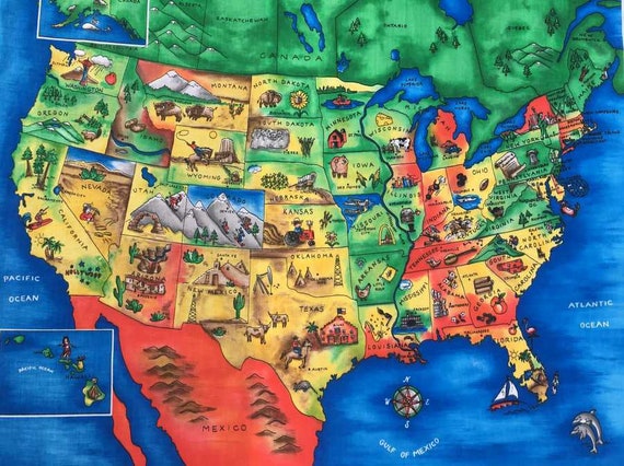 23.5/" X 44/" Panel United States Map Explore America Cotton Fabric Panel D765.15