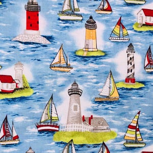 Nautical Lighthouse Fabric By the Yard Sailboat Ocean Water Cotton Material OOP