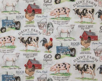 Dairy Farm Fabric Country Barnyard Barn Animals Cow Pig Chicken Rooster Apparel Quilting Cotton Fabric By the Yard, Fat Quarter