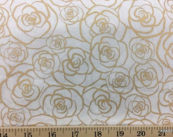 Gold Rose Floral Fabric Metallic Gold Blume Konturen von Rosen auf antiken weißen Baumwollstoff w9 / 22