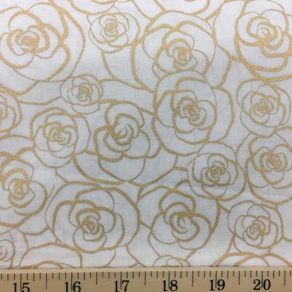 Gold Rose Floral Fabric Metallic Gold Flower Outline of Roses on Antique White Cotton Quilting Apparel Fabric w9/22