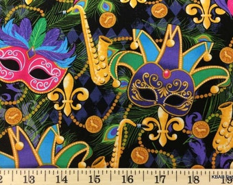 Mardi Gras Fabric Masks Maquerade Celebration Feather Cotton Fabric By Half / Yard t3/4
