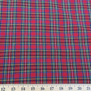 Red Tartan Fabric, Red Green Plaid Homespun Cotton Fabric w6/1