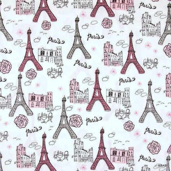 Eiffel Tower Fabric, Paris Eiffel Tower Fabric, Rose Floral Glitter Eiffel Tower Cotton Fabric a1/1