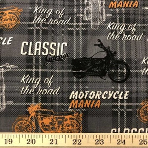 Motorcycle Fabric King of the Road Fabric Motorcycle Mania Fabric Gray Plaid Fabric Classic Bike Cycle Cotton Fabric t3/38