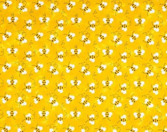 Tela de abejas cortada a medida – Tela de algodón con estampado de abejas amarillas, ideal para costura primaveral, patchwork y manualidades.