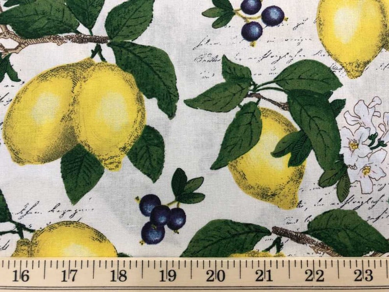 Lemon Blueberry Fabric Yellow Lemons Fabric Citrus Fruit Lemon Fabric Green Leaf Kitchen Cream Cotton Fabric t126