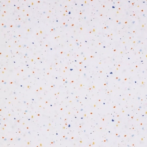 May include: A white fabric surface featuring a scattered confetti pattern. The design consists of small, irregular flecks in shades of orange, yellow, and blue, distributed evenly across the light background to create a speckled visual effect.