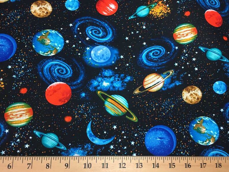 Space Fabric Planets Stars Fabric Outer Space Fabric Astronomy Fabric Solar System Galaxy Fabric Astronaut Night Sky Science Cotton Fabric