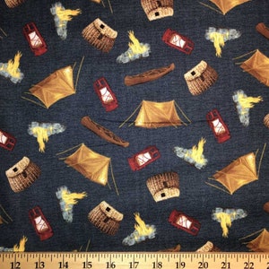 Camping Tent Fabric Fisherman Outdoor Camp Fire Canow Lantern Windham Fabrics Blue Cotton Fabric