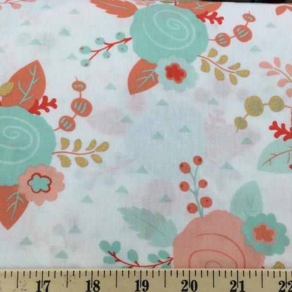 Mint Peach Gold White Piper Floral Fabric By the Yard / Half Cotton Fabric a5/4