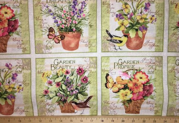 Garden Floral Blessing Blocks Bird /& Seed Packs Potted Flower Cotton Fabric t2//1