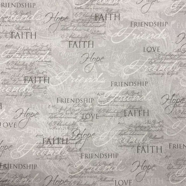 Christian Faith Fabric Friendship Hope Love Inspirational Church Fabric Uplifting Prayer Gray Slate Cotton Fabric