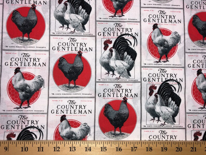 Fat Quarter Chickens on Cream Cotton Quilting Fabric Cock a Doodle Doo