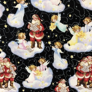 Tissu coton Père Noël Père Noël chantant des chants de Noël et anges du ciel