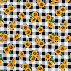 Sunflower Buffalo Check Fabric – Yellow Flowers on Black & White Plaid | Autumn Cotton Calico Quilting Apparel Fabric by the Yard t3/34