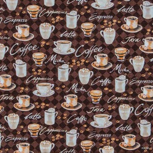 Brown Coffee Fabric, Cups Mugs Espresso Mocha Cappuccino Java Fabric By the Yard, Fat Quarter, Apparel Quilting Cotton  t4/3