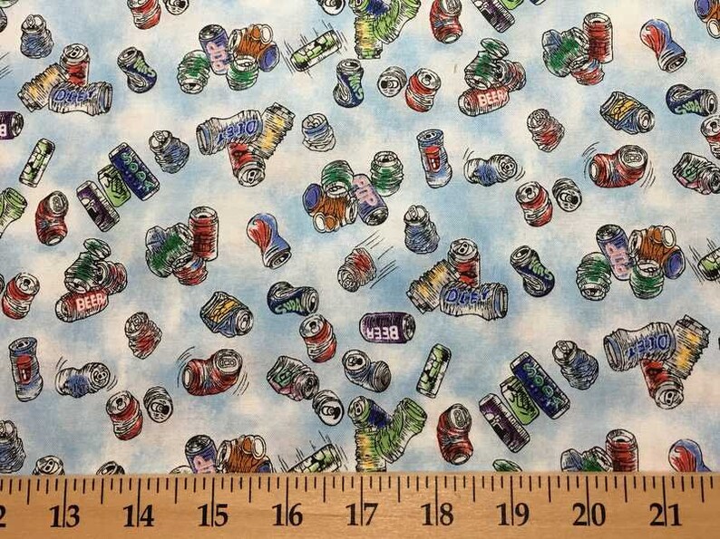 Beer Can Fabric Soda Pop Fabric Tin Can Fabric Aluminum Can Fabric Roadside Litter Fabric Can Recycling Fabric 100/% Cotton BTY or HY