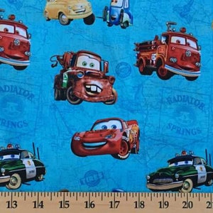 Fabric Cars Map Blue Fabric, Lightening McQueen Fabric, Disney Cars Boys Fabric, Cars The Movie Blue Apparel Quilting Fabric t6/23 image 2