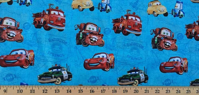 Fabric Cars Map Blue Fabric, Lightening McQueen Fabric, Disney Cars Boys Fabric, Cars The Movie Blue Apparel Quilting Fabric t6/23 image 2