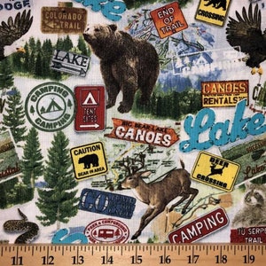 Bears Canoes Fabric Woodland Wildlife Fabric Forest Lake Camping Fabric Bear Deer Eagle Raccoon Snake Camp Trails Cotton Quilting Fabric