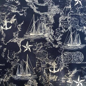 Seekarte Karte Stoff Segelschiffe Inseln See Reiseboot Anker Kompass marineblau Baumwollstoff t9/4