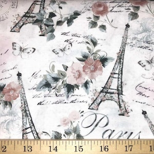 Eiffel Tower Paris Fabric – Soft Pink & Mauve Roses, Silver Glitter Accents, French Text Butterflies | Romantic Cotton Quilting Fabric t2/23