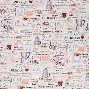 Coffee Cups Mugs Fabric Espresso Latte Coffee Shop Cream Cotton Apparel Quilting Fabric by the Yard, Fat Quarter t4/10