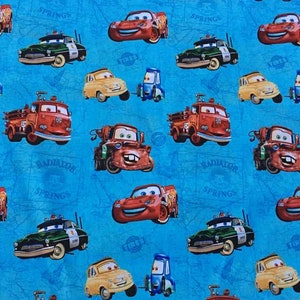 Fabric Cars Map Blue Fabric, Lightening McQueen Fabric, Disney Cars Boys Fabric, Cars The Movie Blue Apparel Quilting Fabric t6/23 image 1