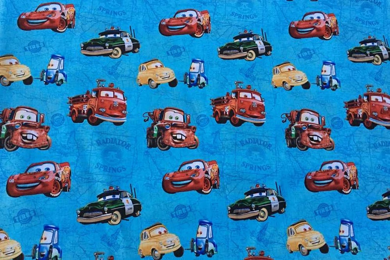 Fabric Cars Map Blue Fabric, Lightening McQueen Fabric, Disney Cars Boys Fabric, Cars The Movie Blue Apparel Quilting Fabric t6/23 image 1
