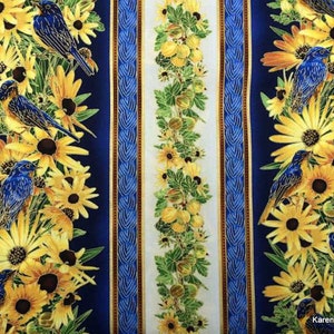 Floral Stripe Fabric – Metallic Navy Stripes with Bluebirds & Flowers - Premium Cotton Quilting Apparel Fabric by the Yard, Half Yard