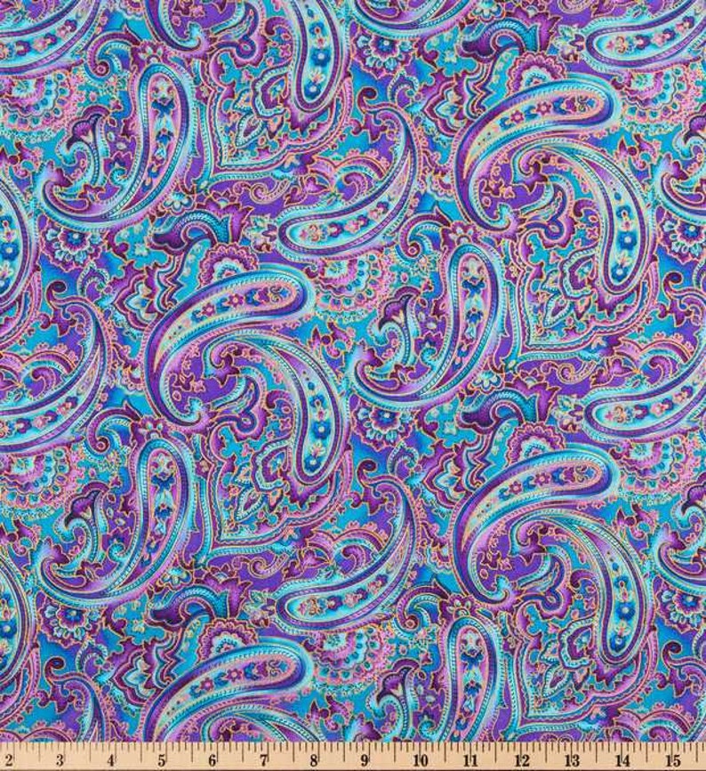 Purple Blue Floral Paisley Fabric Metallic Paisley Apparel Quilting Cotton Fabric By the Yard, Fat Quarter w4/25 image 2