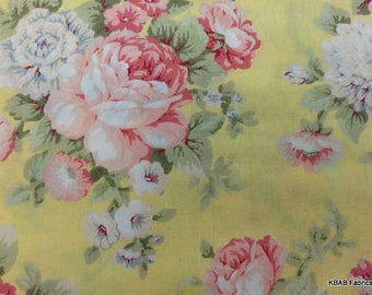 Yellow Cottage Rose Fabric Shabby Floral Large Pink Rose Fabric Yellow Peony Flowers Floral Bouquet Cotton Fabric