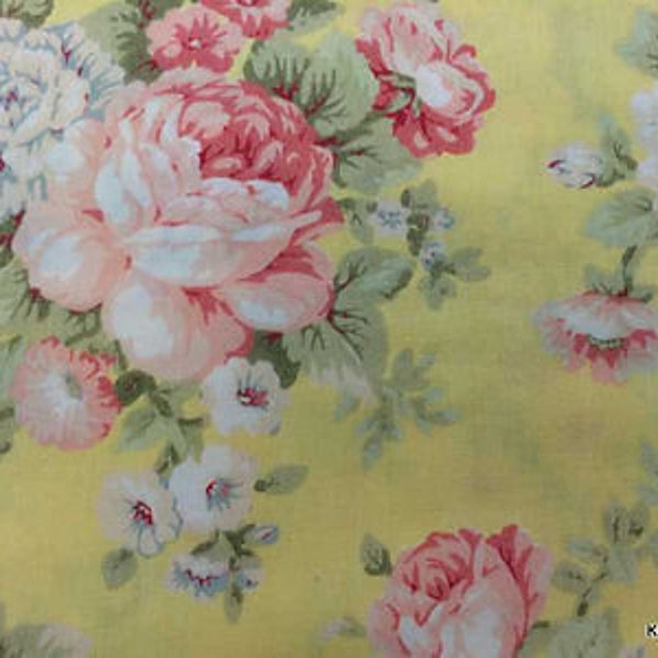 Yellow Cottage Rose Fabric Shabby Floral Large Pink Rose Fabric Yellow Peony Flowers Floral Bouquet Cotton Fabric