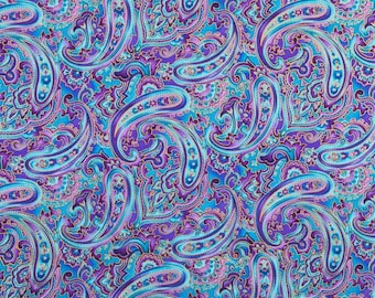 Purple Blue  Floral Paisley Fabric Metallic Paisley Apparel Quilting Cotton Fabric By the Yard, Fat Quarter w4/25