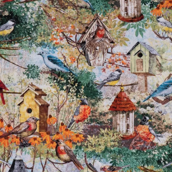 Birdhouse Birdfeeders Bird Fabric, Nature Garden Floral Fabric, Birds Animal Fabric, Songbird Cardinal Hanging Seed Catcher Cotton Fabric