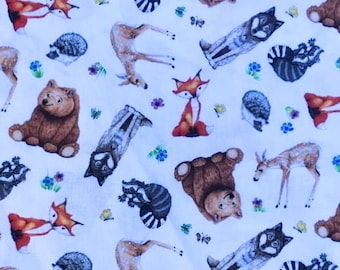 Forest Wildlife Fabric - Woodland Animal Friends Material with Bear Deer Wolf Raccoon Cotton Quilting