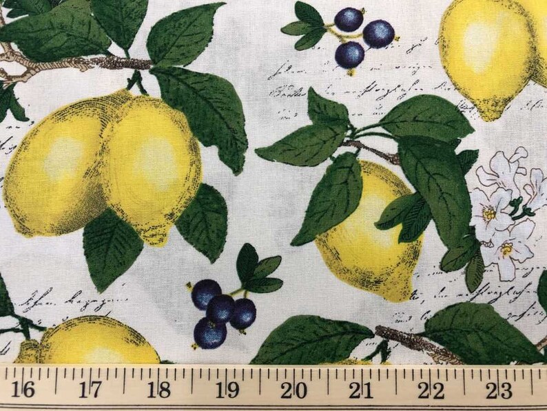 Lemon Blueberry Fabric Yellow Lemons Fabric Citrus Fruit Lemon Fabric Green Leaf Kitchen Cream Cotton Fabric t126