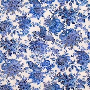 PORCELAIN Paisley Fabric BLUE White Fabric By the Yard Floral Silver Metallic Northcott Quest Cure Cotton Fabric