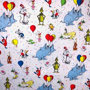 Dr. Seuss Fabric – Cat in the Hat Characters on White | 100% Cotton Fabric by the Half Yard - Kid&#39;s Fabric for Children