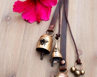 Hanging Front Door Engraved Bells Bee Themed Rustic Bells and Leather Set Spring Decor