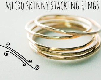 Gold Super Skinny Stacking Rings Minimalist Midi Rings Micro Skinny Hammered 14K Gold Filled Rings Thin Hammered Stack Rings Gift For Her