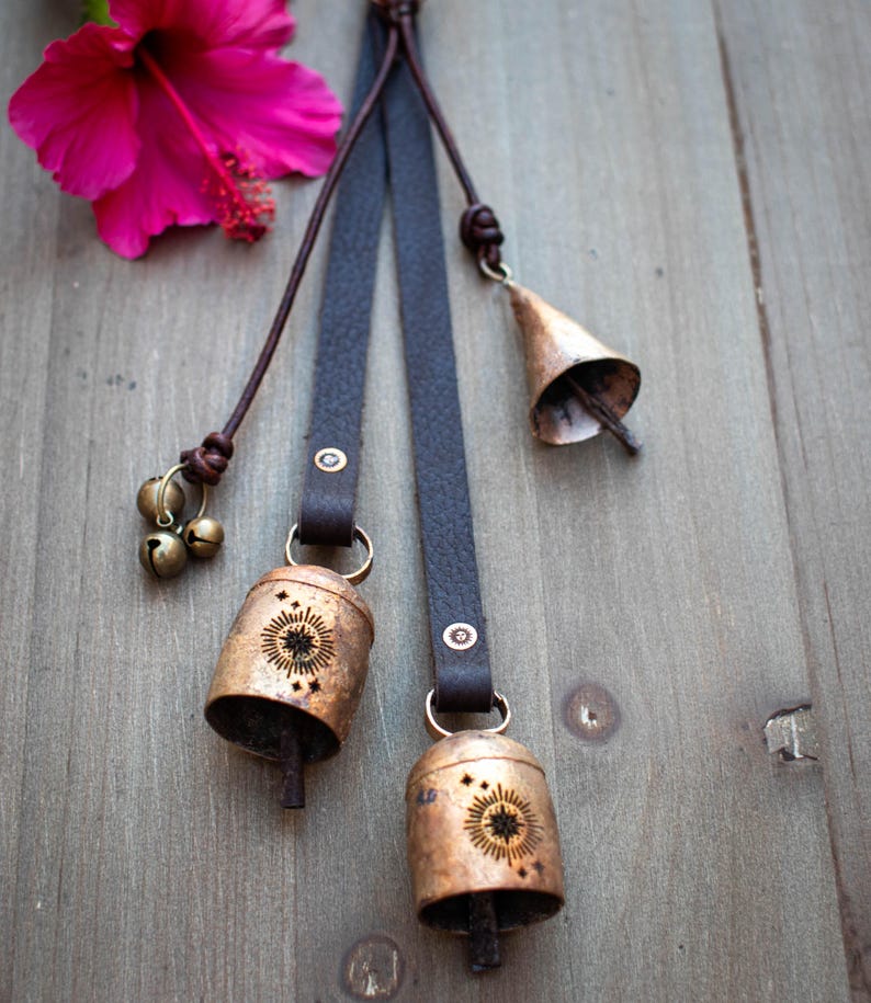 May include: Decorative bronze bells with a sunburst design, attached to dark brown leather straps. Small brass bells hang from a leather cord. A vibrant pink hibiscus flower rests on a wooden surface.