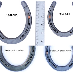 Graphic that shows size difference and patina difference of the good luck horseshoes.
