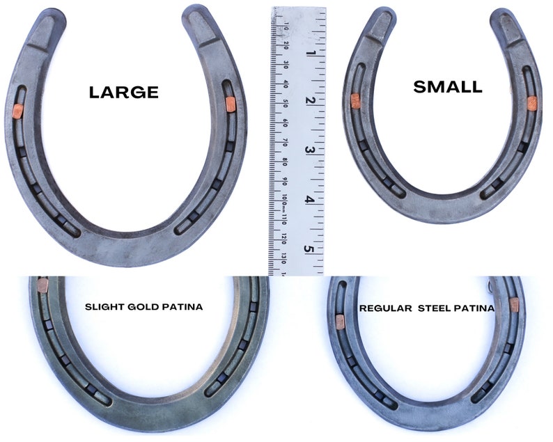 Graphic that shows size difference and patina difference of the good luck horseshoes.