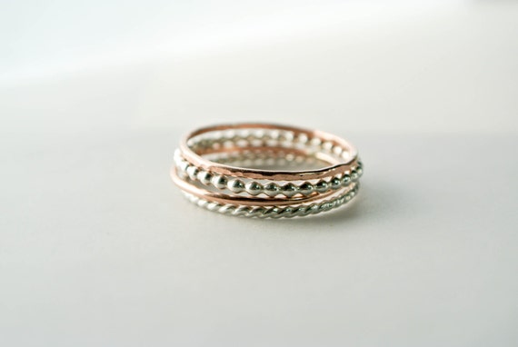 Sterling Silver Size 9.5 Flower Floral Stacking Ring Set Rose Ring Set Ready to ship Twisted Rope Rings
