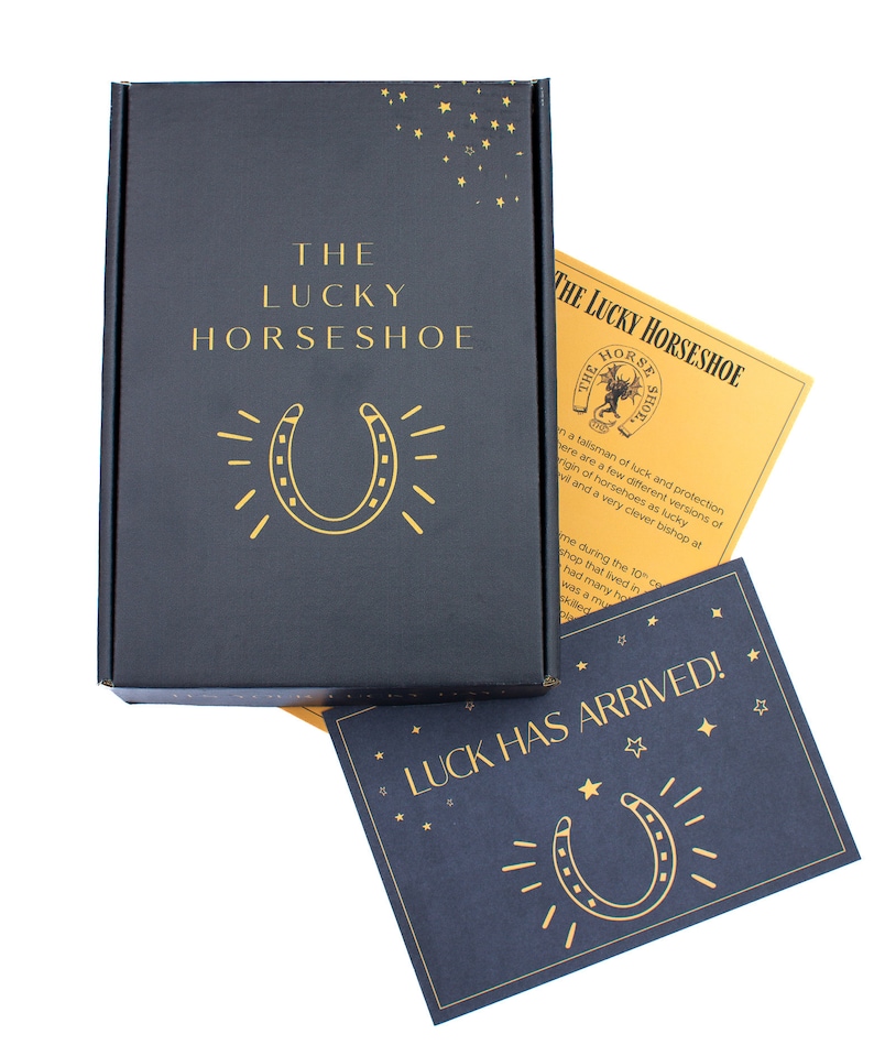 Packaging that accompanies the lucky horseshoe.
